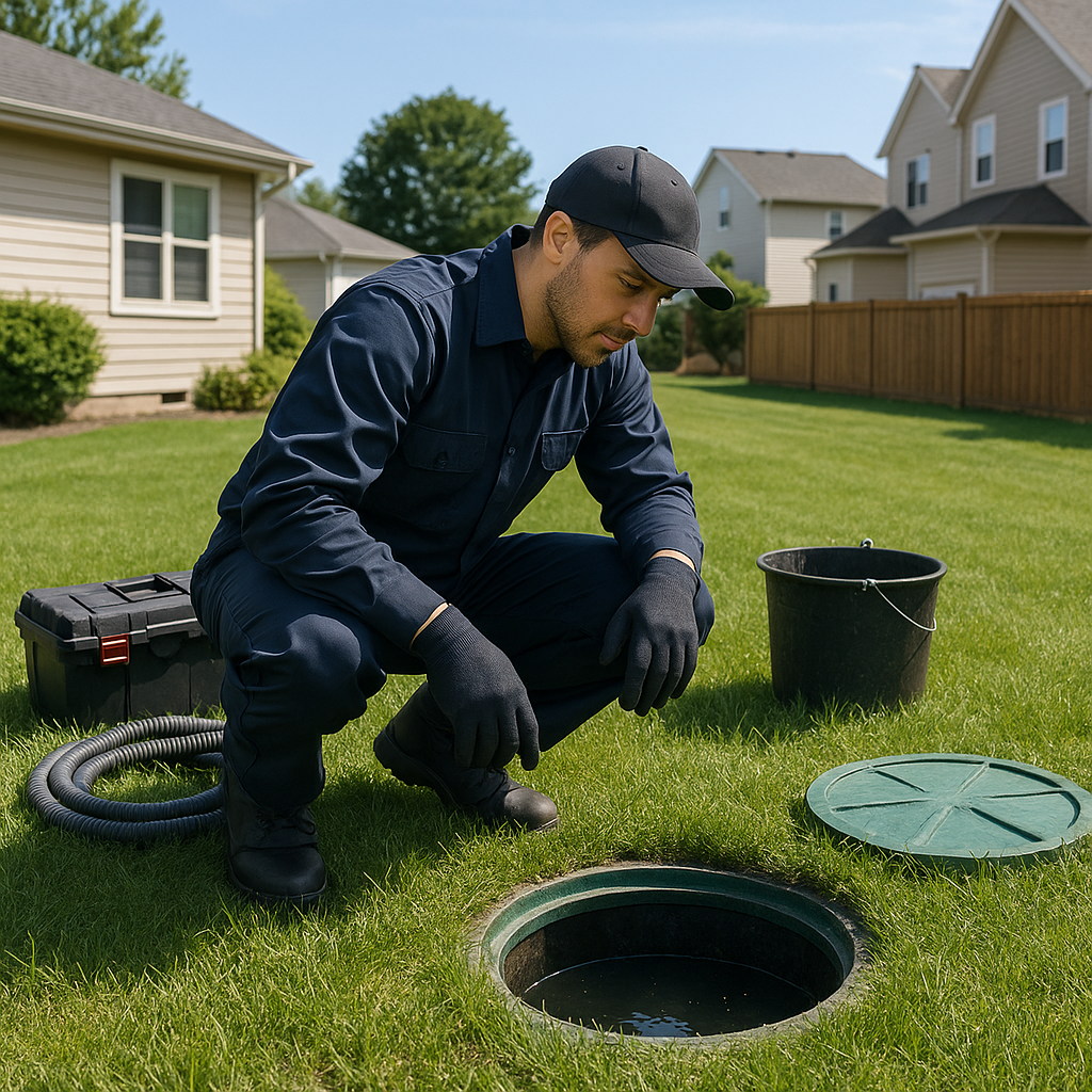 Septic technician inspecting system at a Concord home